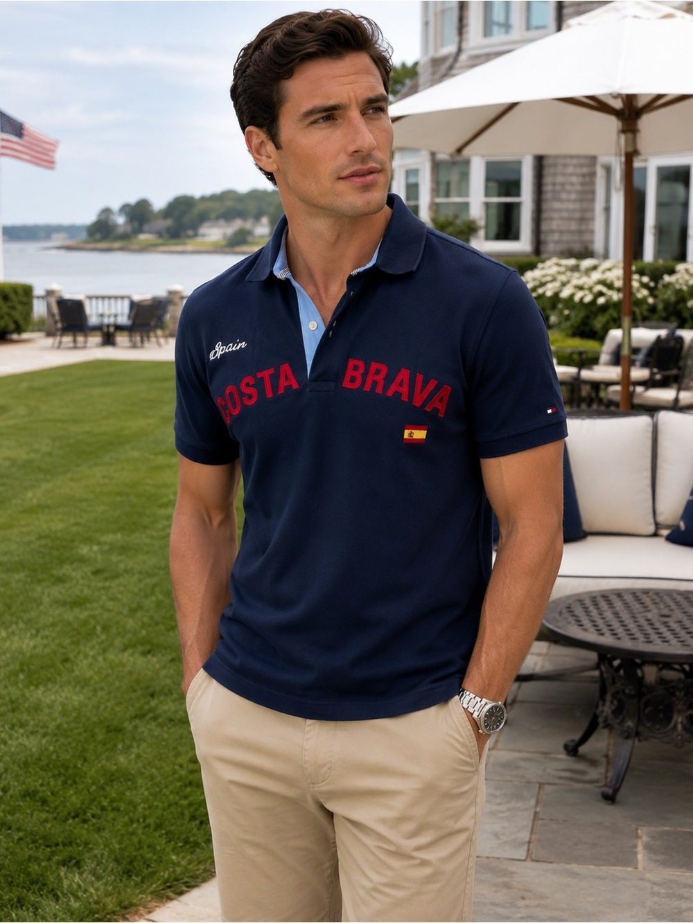 Tommy Hilfiger Men’s L Y2K Costa Brava Spain Embroidered Navy Polo Trim Fit
